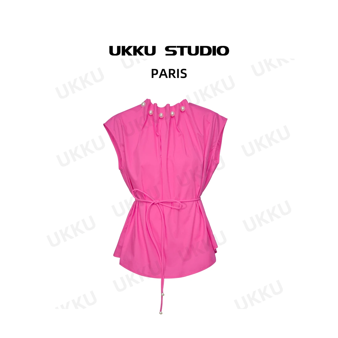 白白【UKKU STUDIO】小众简约纯色款宽松圆领短款珠珠女装T恤312346