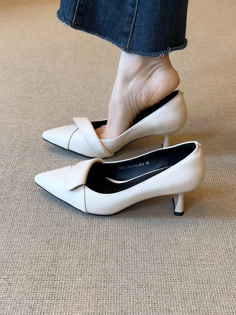 Elingjk/5.5cm法式复古气质尖头浅口一脚蹬粗跟优雅通勤单鞋