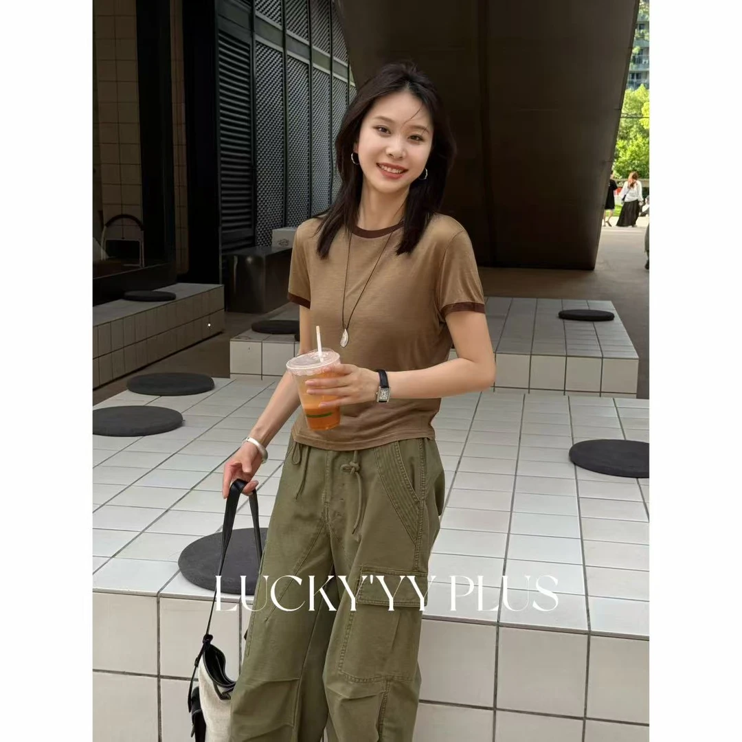 LUCKYYY【轻纱】莱赛尔绵羊毛混纺夏季透气撞色短袖T恤 B1783