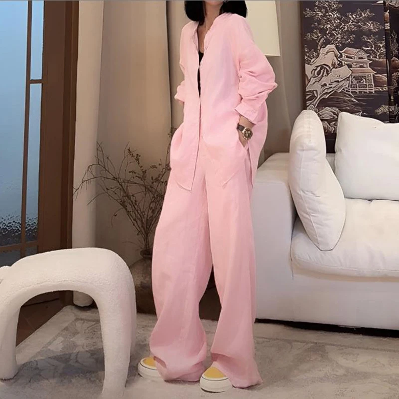 粉色休闲时尚衬衫套装2025春秋简约新中式衬衣阔腿裤两件套感