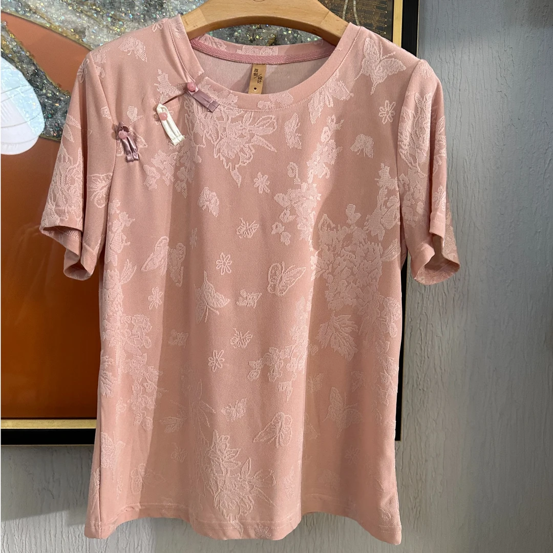 S·KBKZ【夏上新】高奢圆领提花重工刺绣显瘦T恤短袖2569