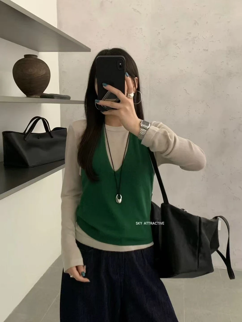 【6羊毛】秋新款时尚显瘦设计感长袖T恤+吊带针织背心两件套女撞色