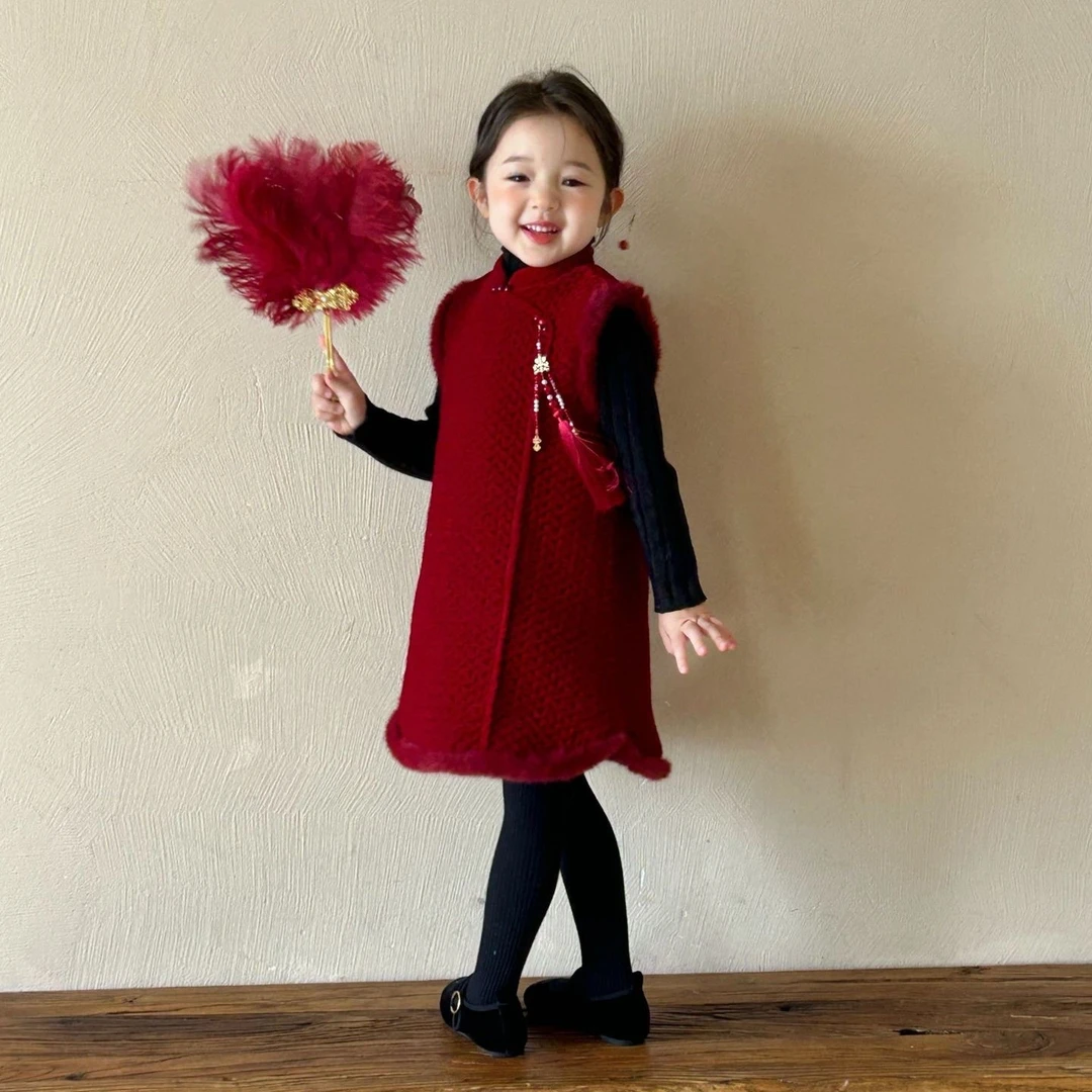 秋冬女童旗袍加棉棉服新国风拜年服酒红色高级感气质连衣裙