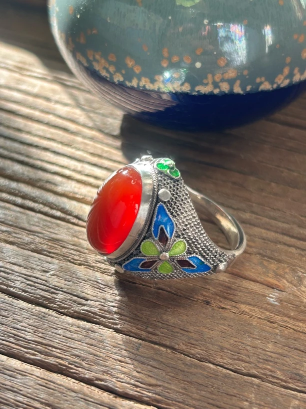 925银戒指 纯手工银掐丝珐琅镶嵌红玛戒指民族风古风复古时尚