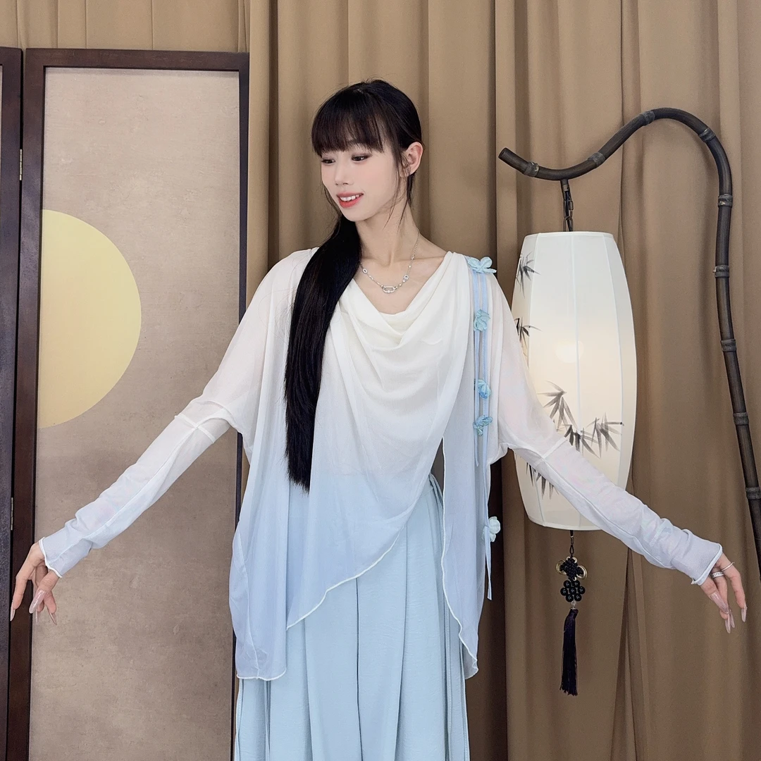 古典舞渐变宽松网纱罩衫上衣飘逸舞蹈服现代舞练功服纱衣