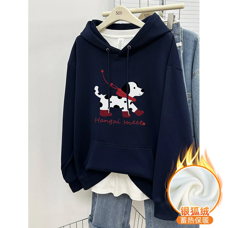 加绒加厚套头卫衣女款冬季韩版宽松大码慵懒风小狗印花连帽衫上衣