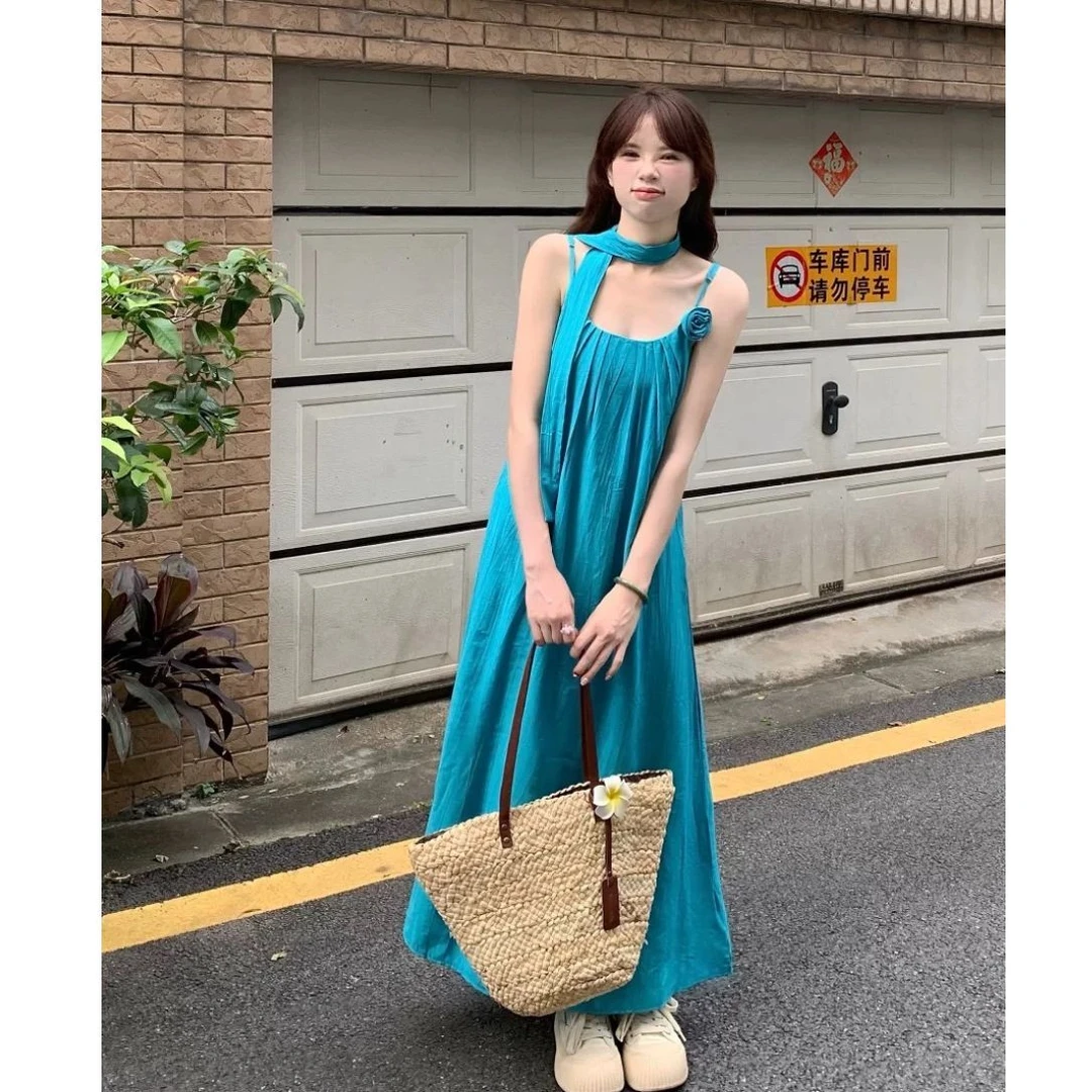 夏季新款度假泰式风显白立体花朵绑带吊带长裙连衣裙海边沙滩大码