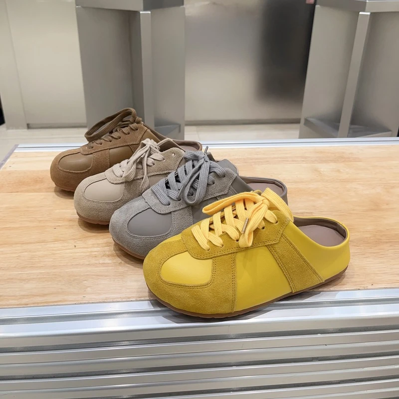 韩版懒人一脚蹬系带包头半拖女2025春季包头拖潮鞋德训鞋小众软底