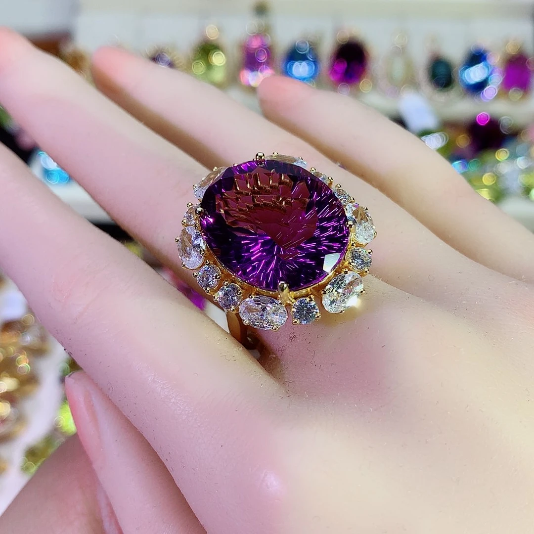 水晶戒指银S925镀金镶嵌