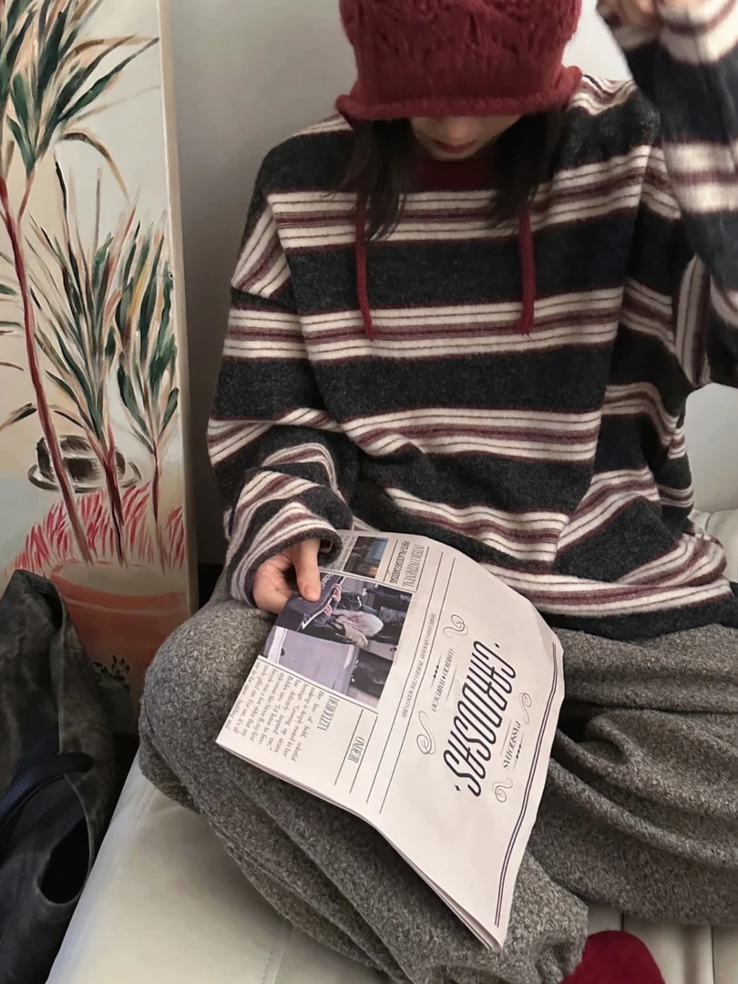 美式复古条纹长袖T恤女2025秋冬加绒加厚打底衫宽松百搭磨毛上衣