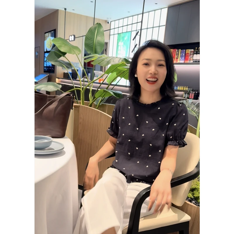 韩系爱心印花木耳边圆领短袖衬衫夏宽松显瘦上衣减龄娃娃衫25148