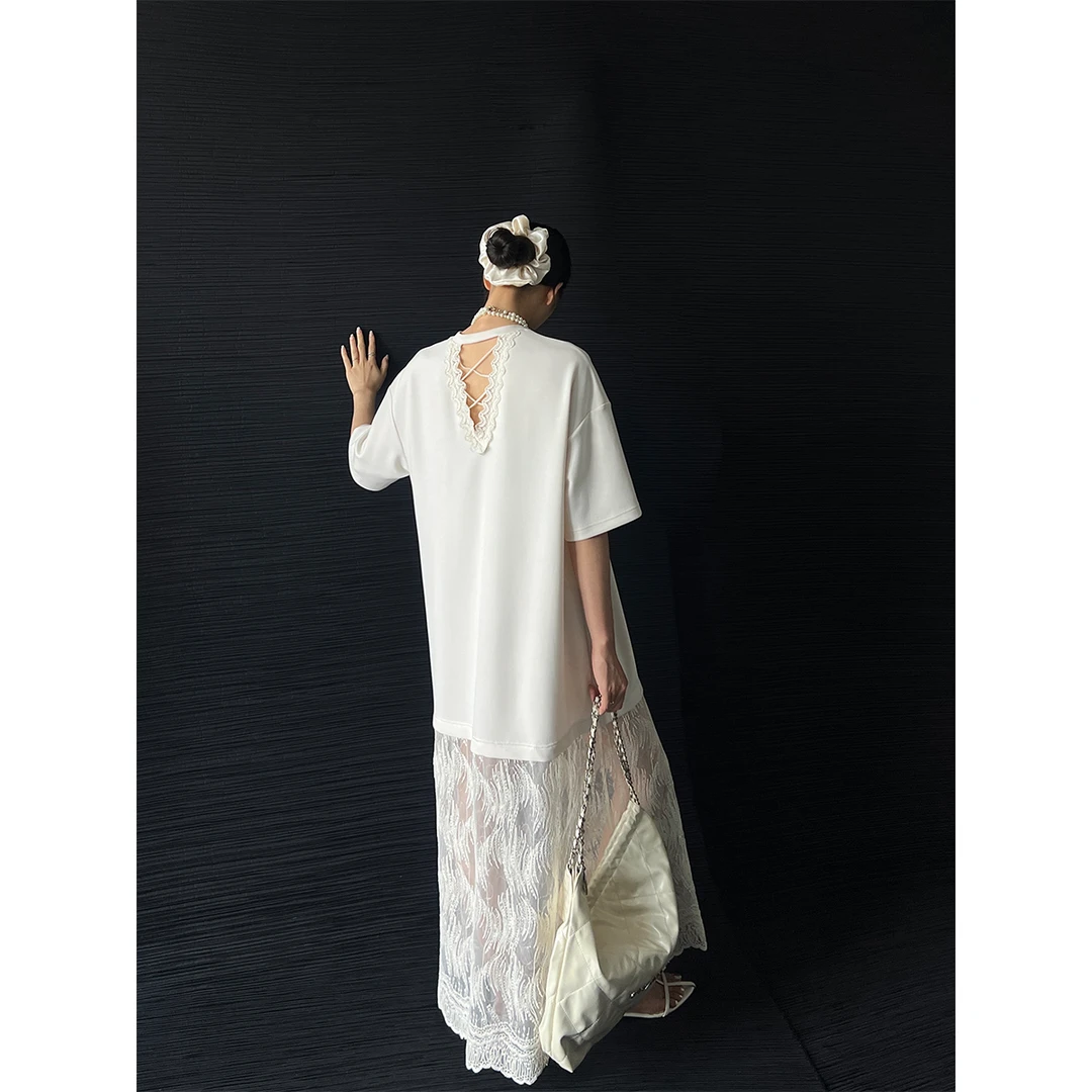 06.28 P0628Q3782 慵懒感假两件连衣裙女纸片人短袖拼接蕾丝长裙