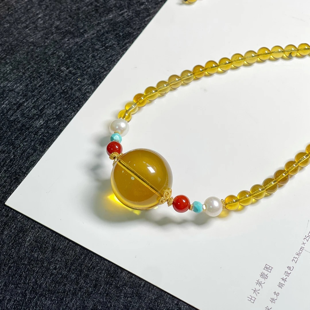 天然原矿蓝珀大单珠项链20m+设计款简约百搭