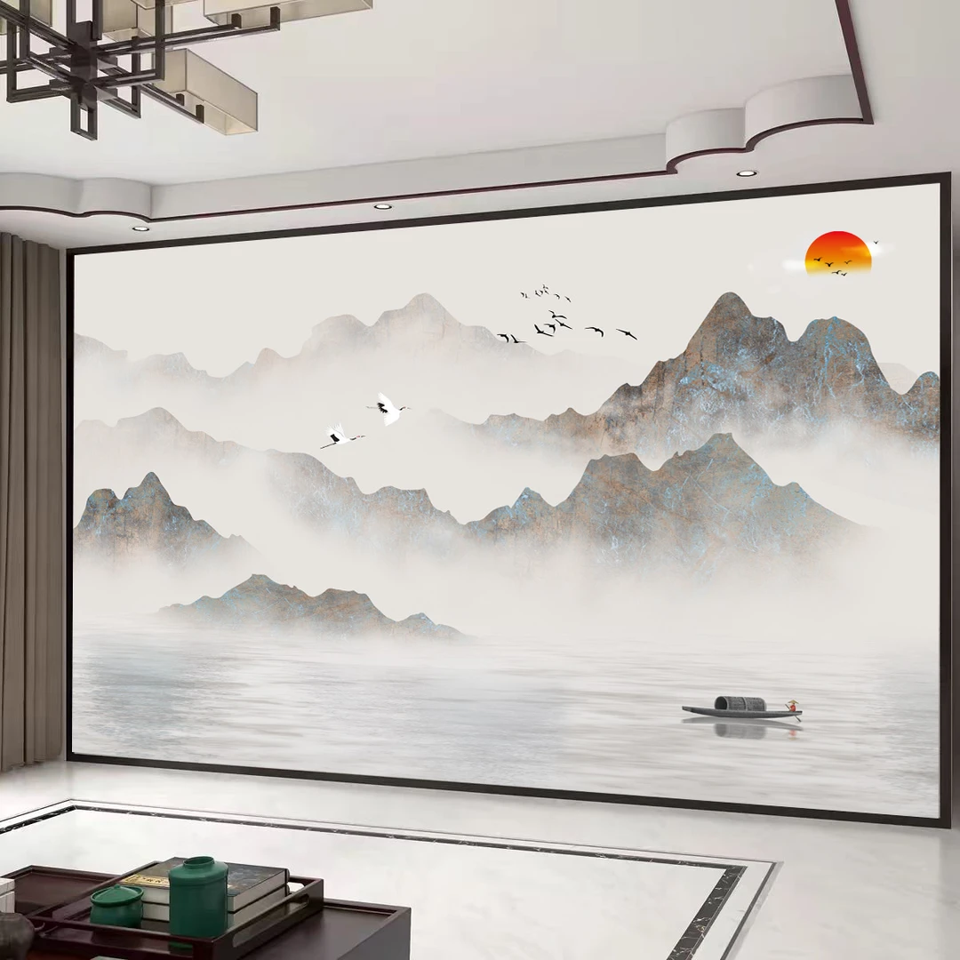 新中式电视背景墙定制山水水墨画无缝壁布客厅装饰壁画2025新款