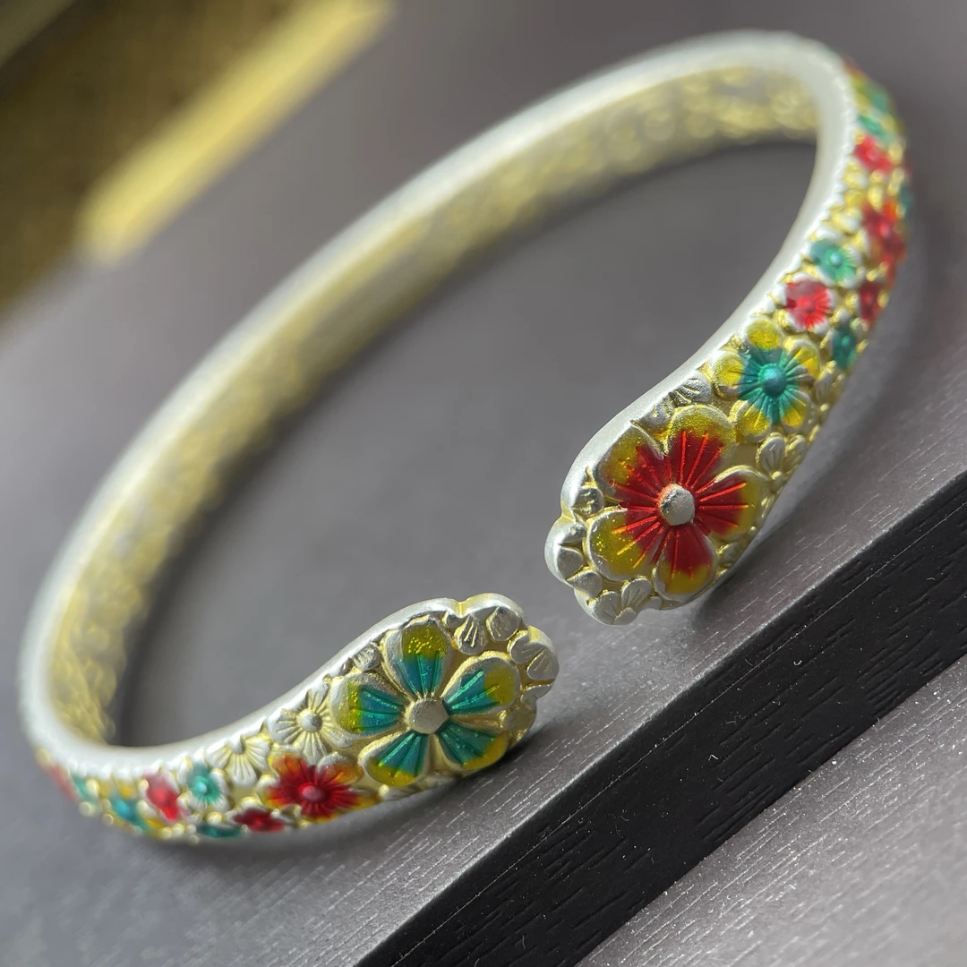 足银手镯 32号足银999.9描金珐琅彩梅花实心可调节送礼物约31克