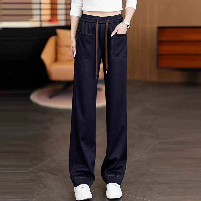 春秋冬休闲牛仔裤女新款窄版阔腿裤加绒高腰垂感直筒裤