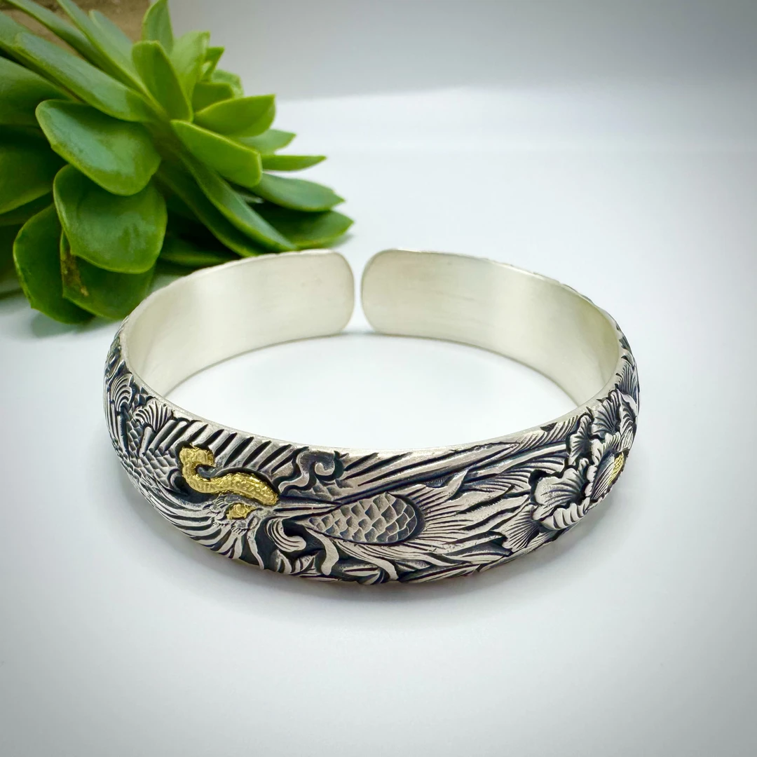 足银手镯 凤凰牡丹花  足银999精工錾刻金银错复古满雕开口镯73克