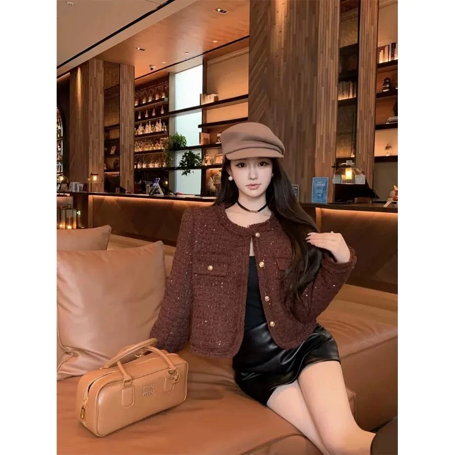 B21巧克少女小香风咖色设计感亮片外套女秋季短款