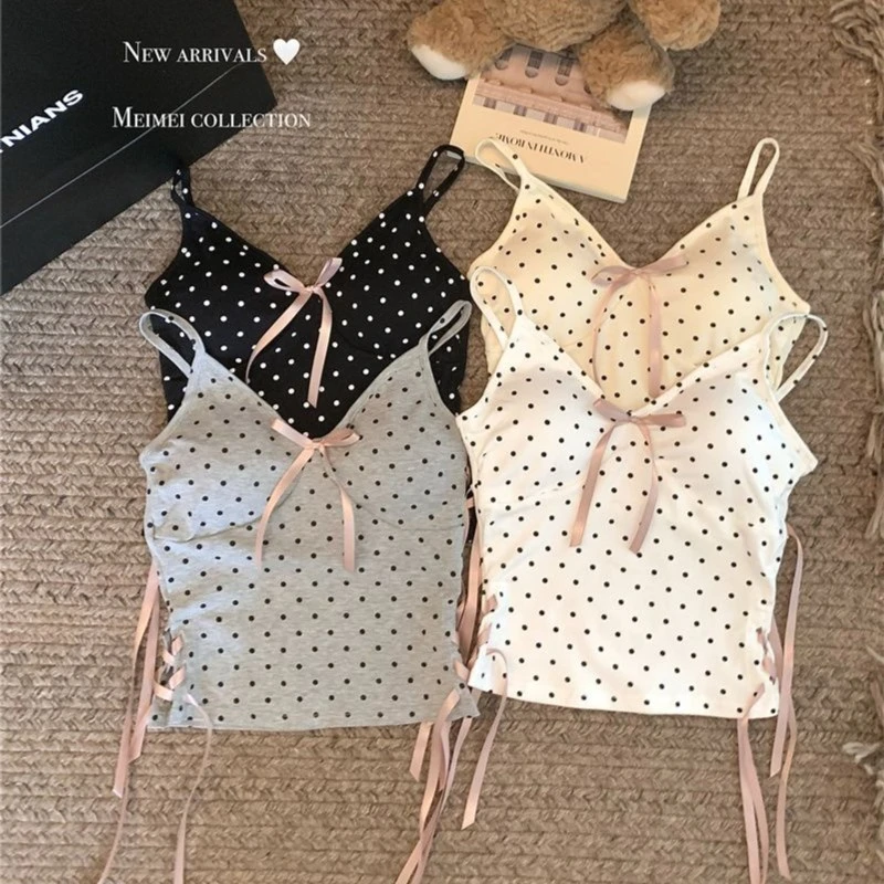 纯欲风甜辣妹灰色波点吊带背心女装夏季短款修身外穿内搭无袖上衣