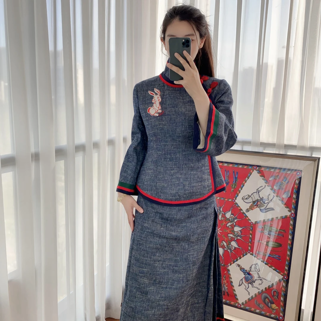 95新 GUCCI/古驰 亚麻裙子38码深灰色/250407YDDYW17