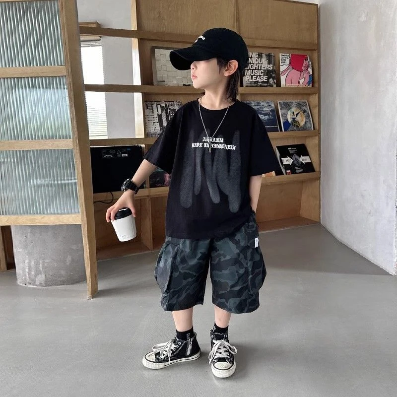 男童夏装短袖套装新款酷帅气2025男孩中大儿童洋气痞帅夏季潮衣服