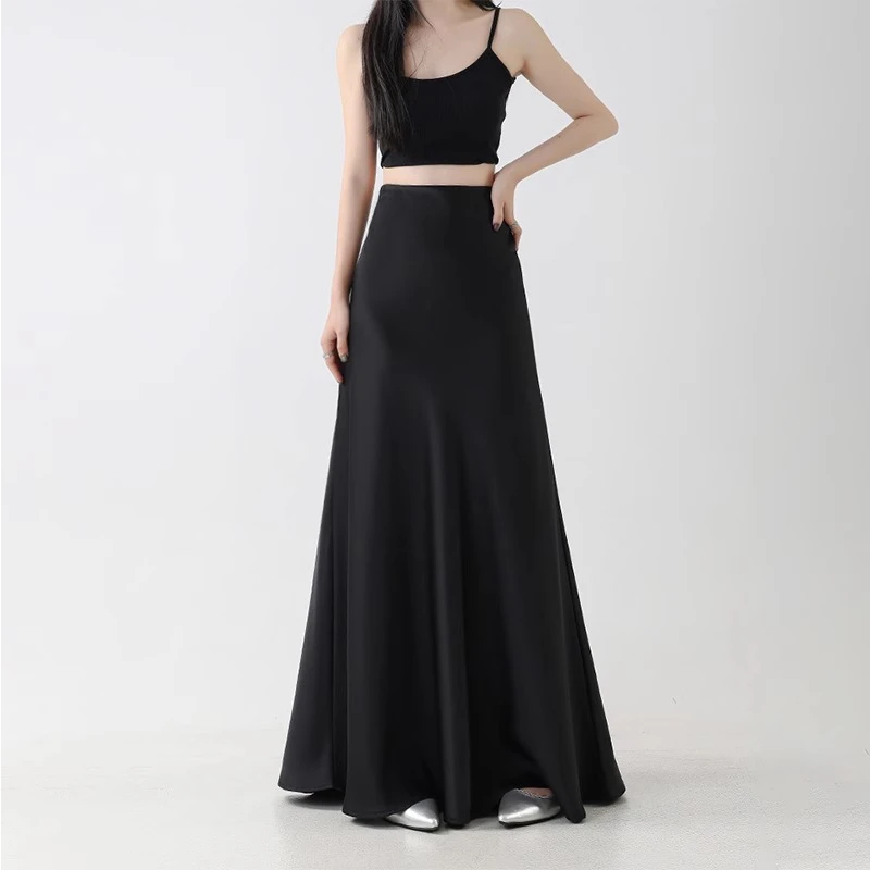 大码黑色高级感醋酸缎面半身裙女胖妹妹高腰mm显瘦松紧腰包臀长裙