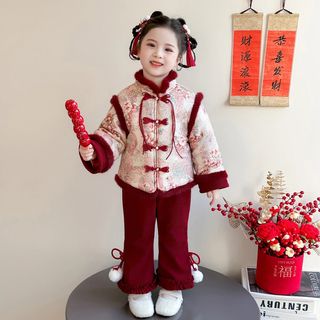 女童套装新中式加绒拜年儿童国风加厚春节两件套小女孩宝宝春装新