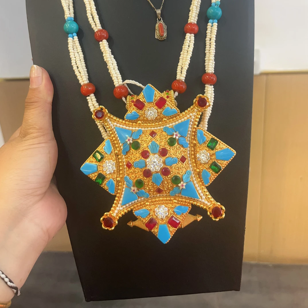 合金项链 金色女士古风嘎乌镀金婚庆必备饰品首饰彩色复古蓝色