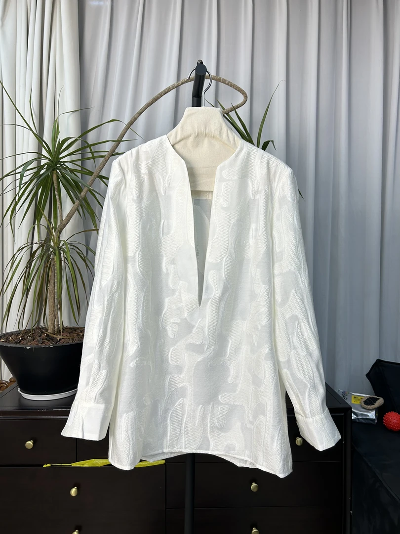 [LAZYPARK]早春新中式提花深V领廓型宽松长袖衬衫女款