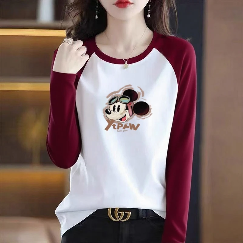 纯棉长袖t恤女士秋季新款大码胖mm宽松休闲减龄拼接撞色圆领上衣