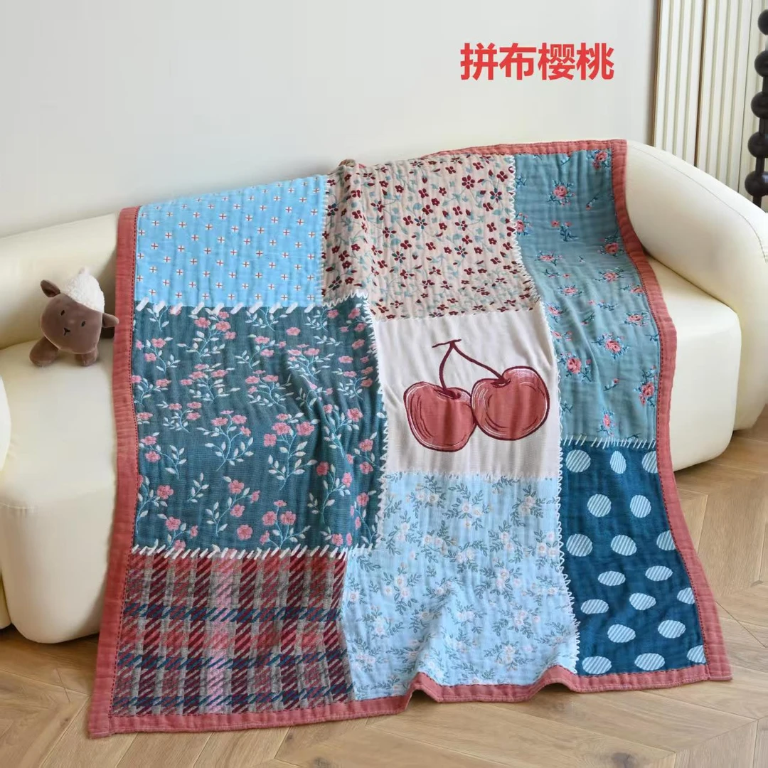 TuLa单人（拼布樱桃）透气成人吸汗柔软四层空调纱布盖毯床盖