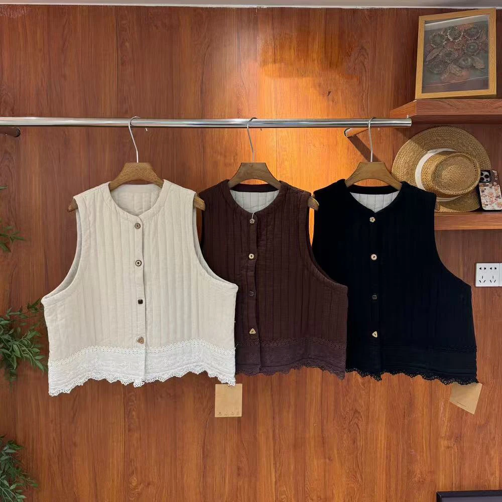 LD#5765#日系复古蕾丝拼接夹棉马甲 FL