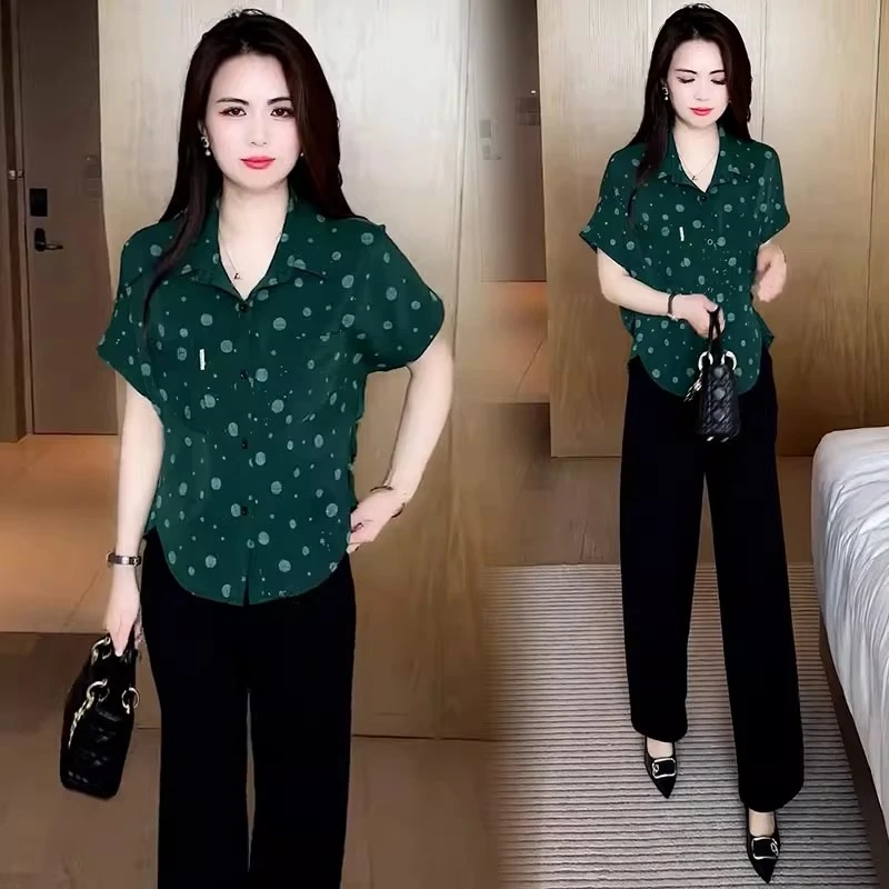 时尚减龄套装女2025夏季新款洋气显瘦遮肉百搭衬衫阔腿裤两件套潮