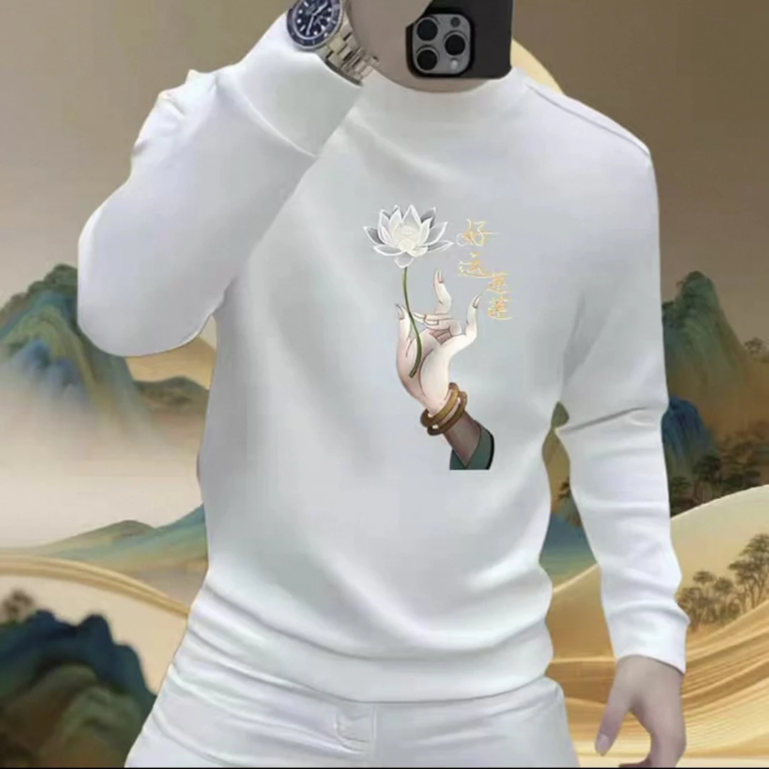 秋冬新款国潮印花圆领卫衣男士中国风高级感时尚长袖上衣打底衫潮