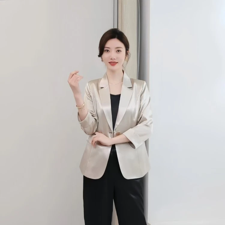 夏季醋酸缎面九分袖修身显瘦百搭气质小西装