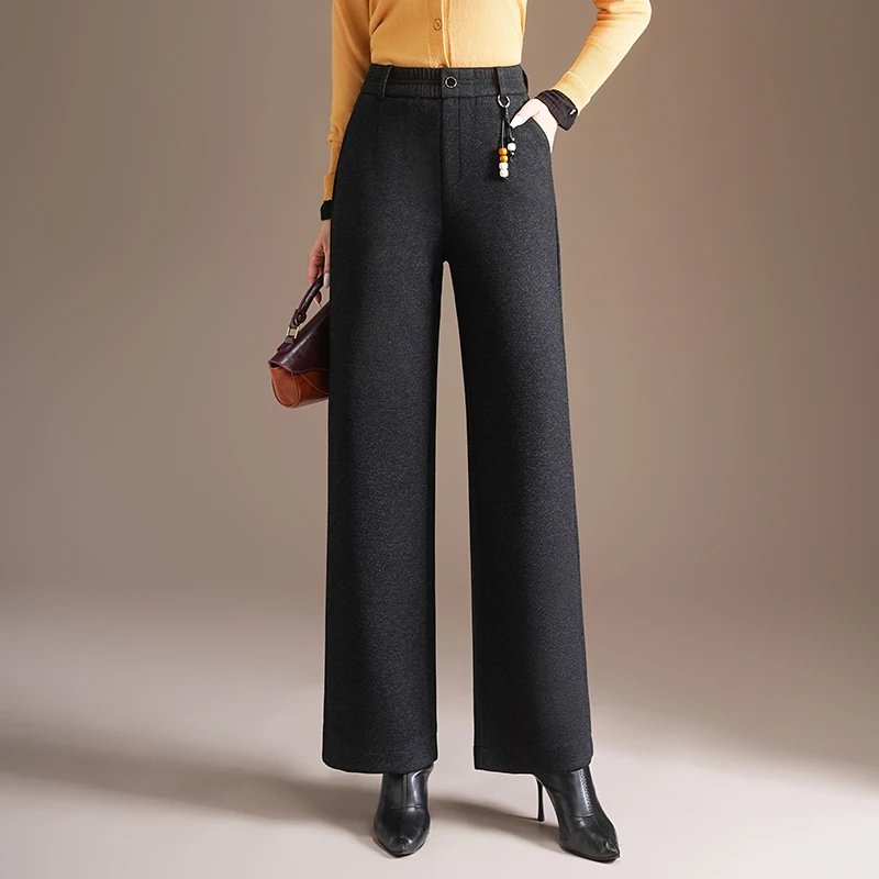 秋冬长裤休闲裤藏青色窄版阔腿裤女裤绒裤外穿百搭显瘦高腰时尚