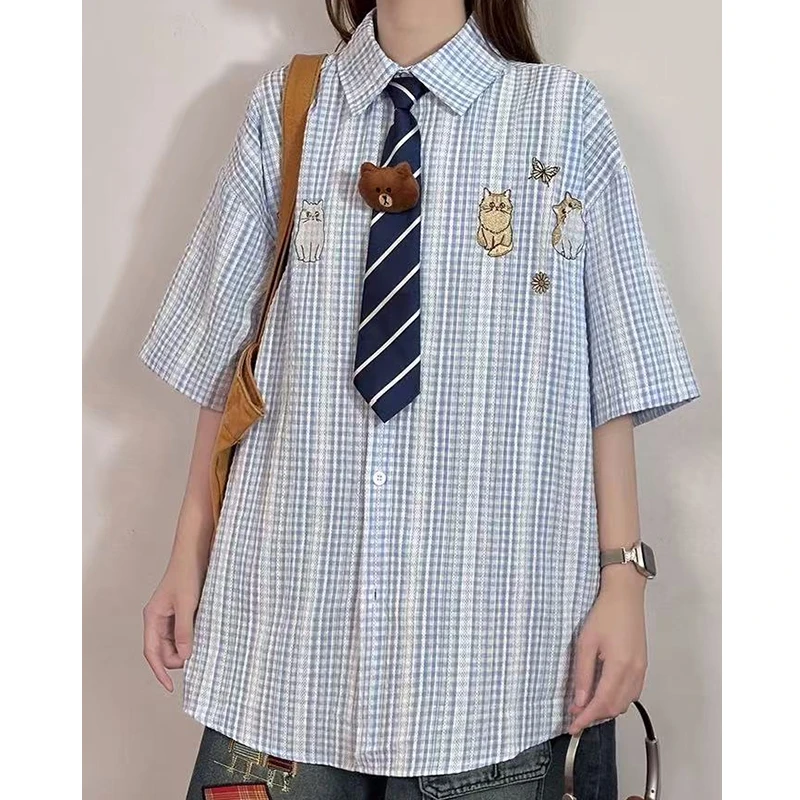 日系复古卡通刺绣短袖衬衫女2025夏休闲百搭高级感ins风情侣短衬