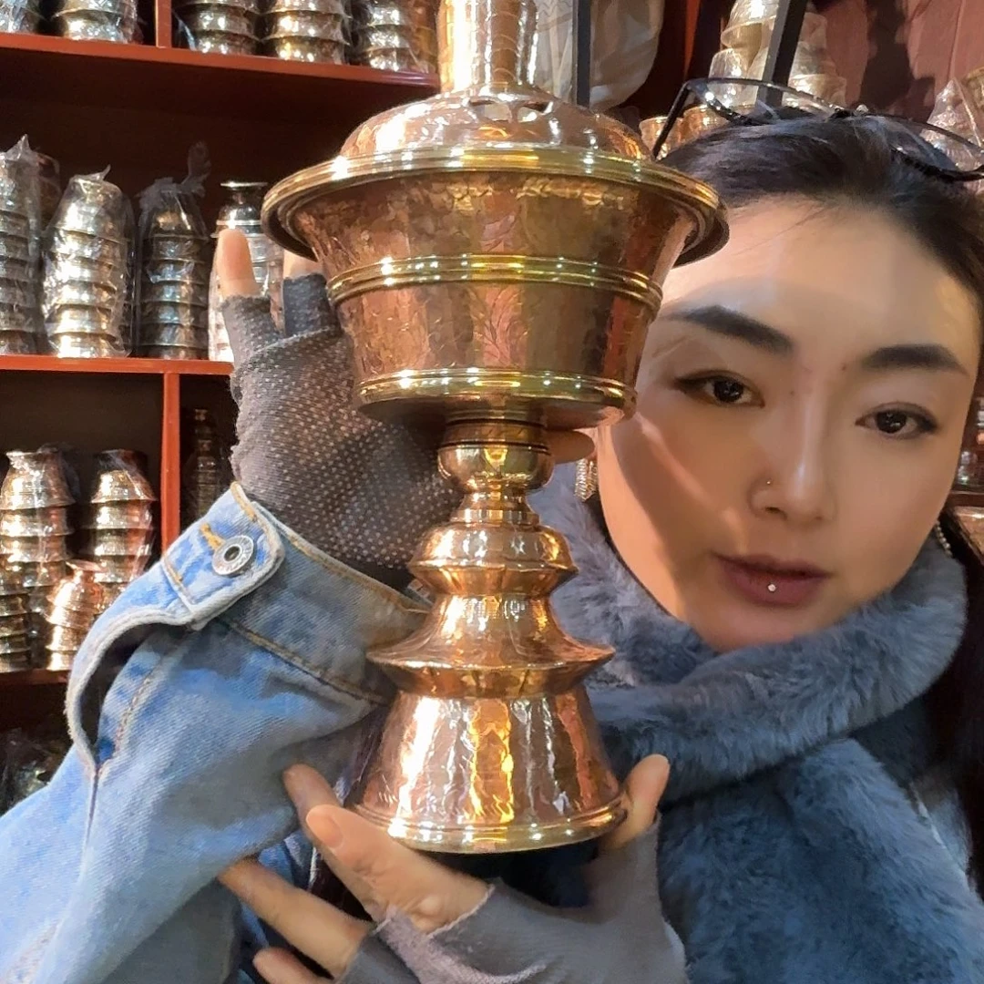 铜尼泊尔纯手工纯紫铜酥油灯大号一对