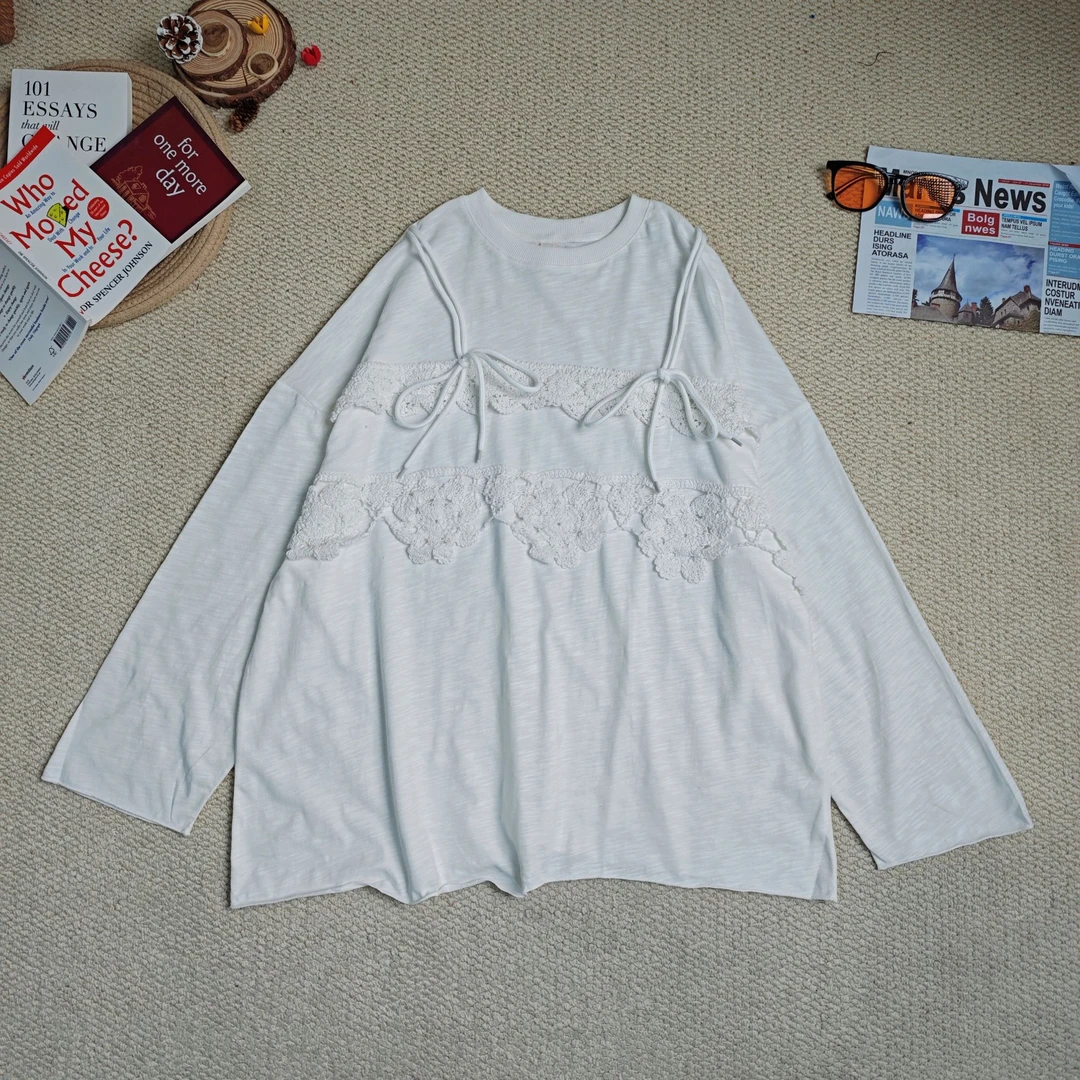 2025早春新款休闲时尚百搭纯白纯色拼蕾丝打底长袖T恤9053