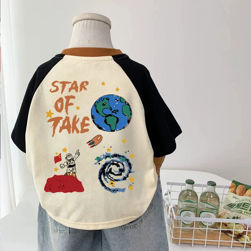 男童可爱卡通纯棉短袖T恤夏季新款中小童韩版洋气插肩撞色打底衫