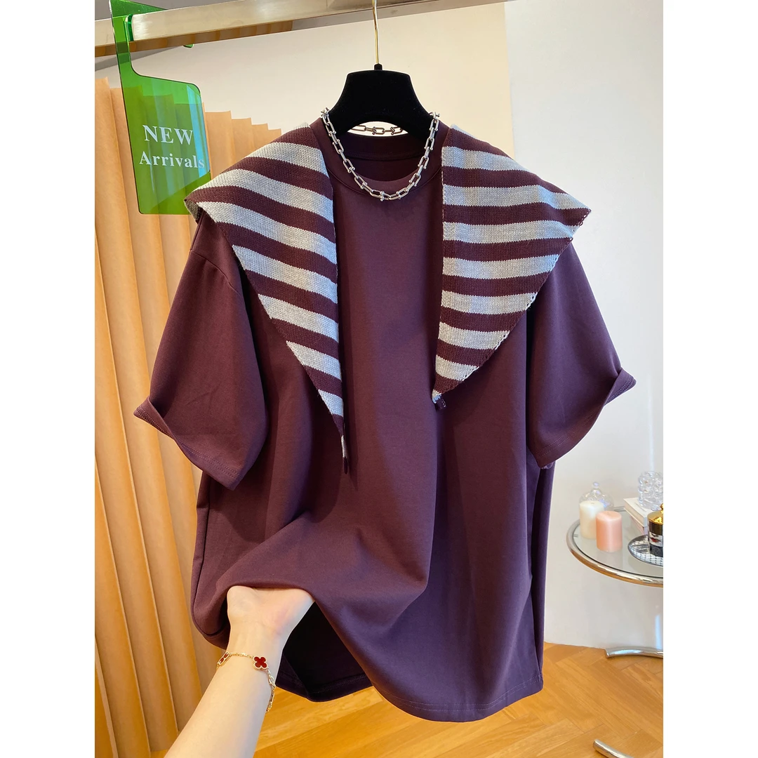 胖妹妹240斤大码高级感披肩短袖t恤女2025新款宽松早秋两件套上衣