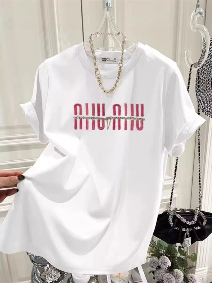 ③洋气韩版烫钻圆领T恤女夏季宽松短袖设计感ins风潮流上衣内搭款