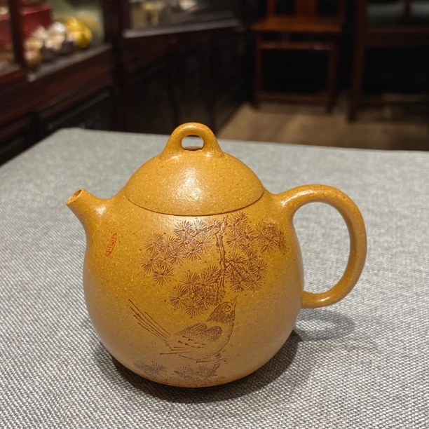 宜兴水平壶紫砂壶小龙蛋壶纯手工原矿黄金段泥刻松鸟图中国风茶壶