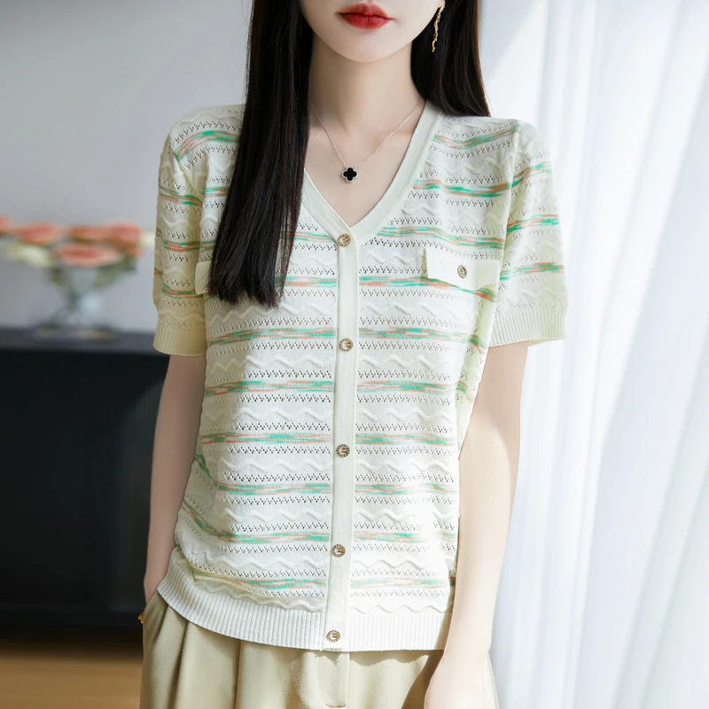 哥弟阿玛施正品莱赛尔针织衫女短袖上衣夏季薄款T恤桑蚕丝条纹衫
