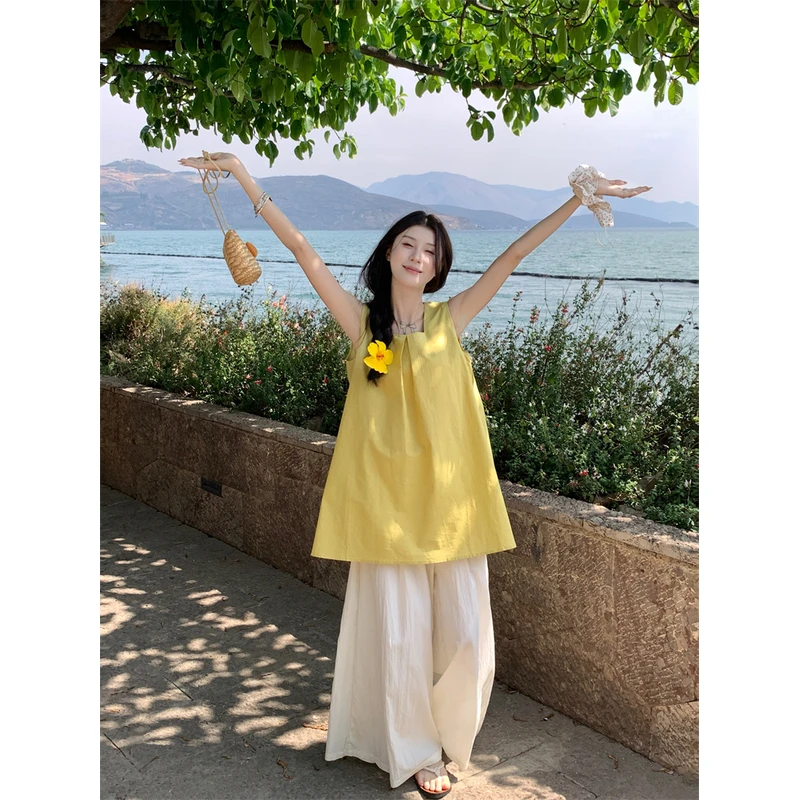 韩系宽松显瘦无袖背心黄色衬衫百搭杏色大摆裤叠穿套装2025夏季女