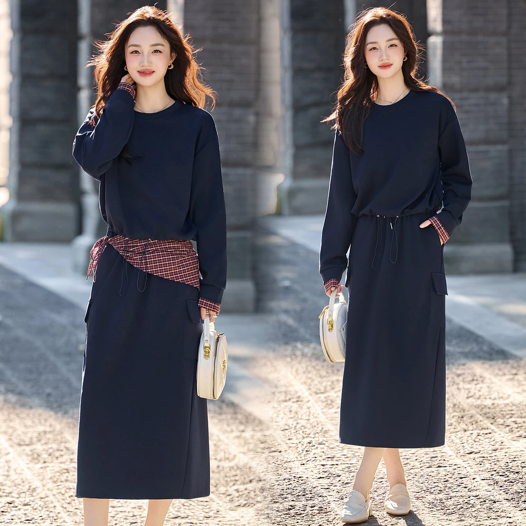 休闲时尚格纹拼接卫衣套装女2025春秋新款设计感气质半身裙两件套