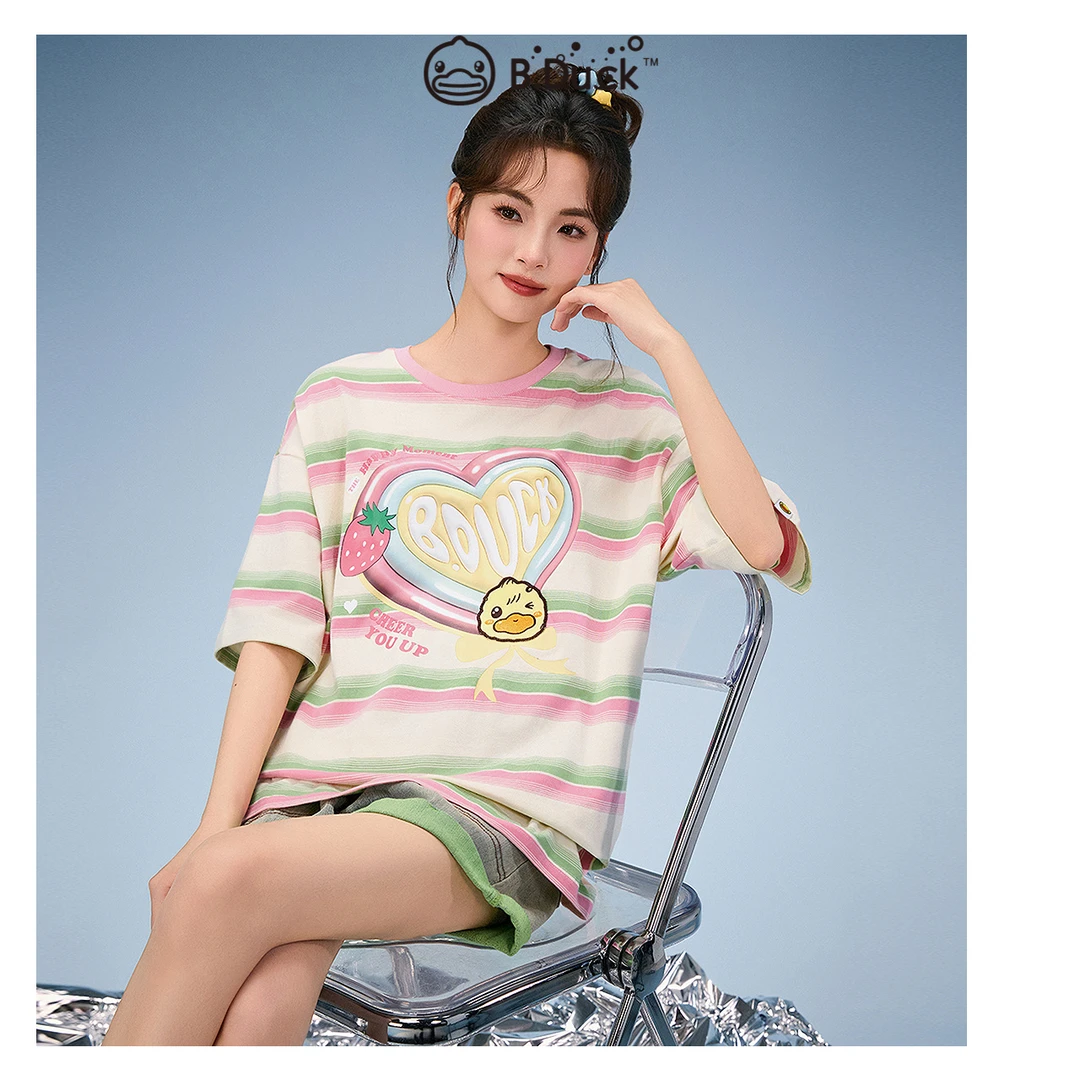 B.Duck 小黄鸭2025年夏季新款休闲潮流气质圆领爱心条纹短袖T恤