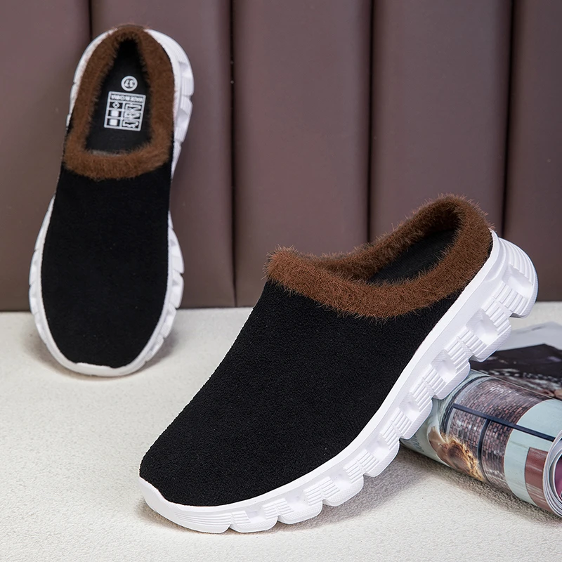 加绒包头半拖鞋居家休闲男冬季保暖时尚外穿懒人棉拖防滑大码轻便