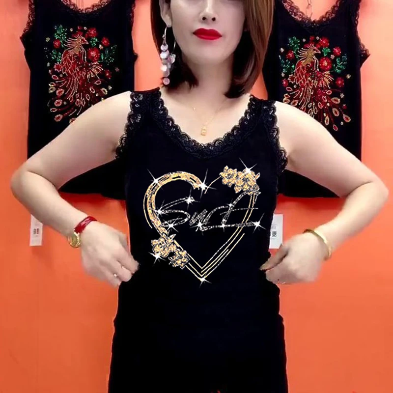 大码遮肚妈妈装夏季新款修身显瘦时尚V领蕾丝无袖背心减龄百搭