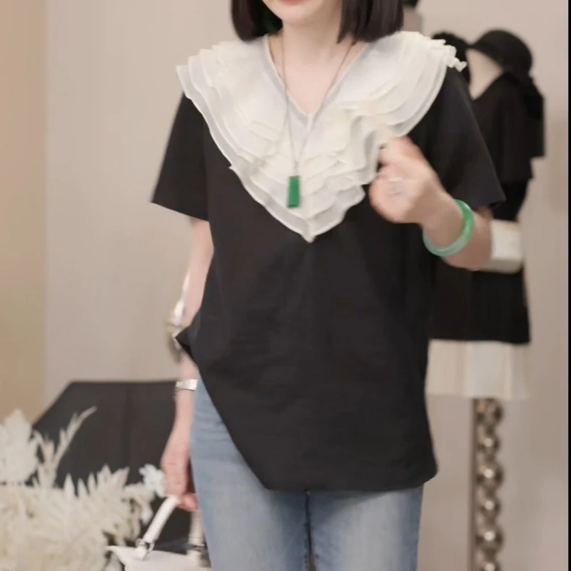 夏日出游度假V领波浪花边休闲短袖上衣LK2503139-1